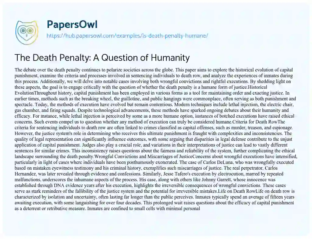 Essay on The Death Penalty: A Question of Humanity