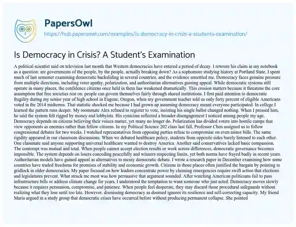 Essay on Is Democracy in Crisis? A Student’s Examination