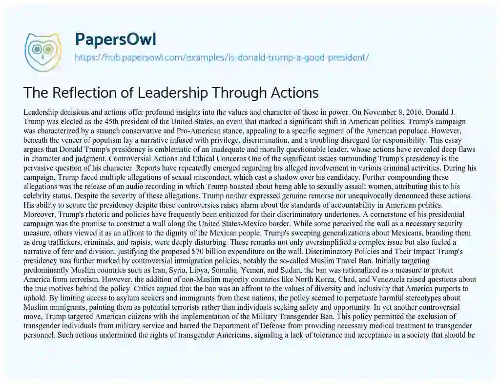 Essay on The Reflection of Leadership Through Actions