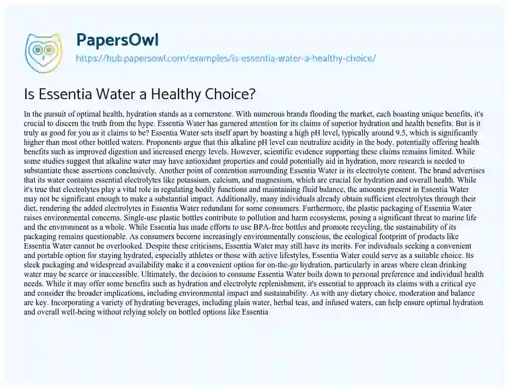 Essay on Is Essentia Water a Healthy Choice?