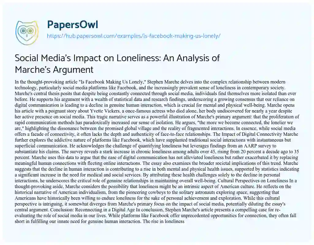 Essay on Social Media’s Impact on Loneliness: An Analysis of Marche’s Argument