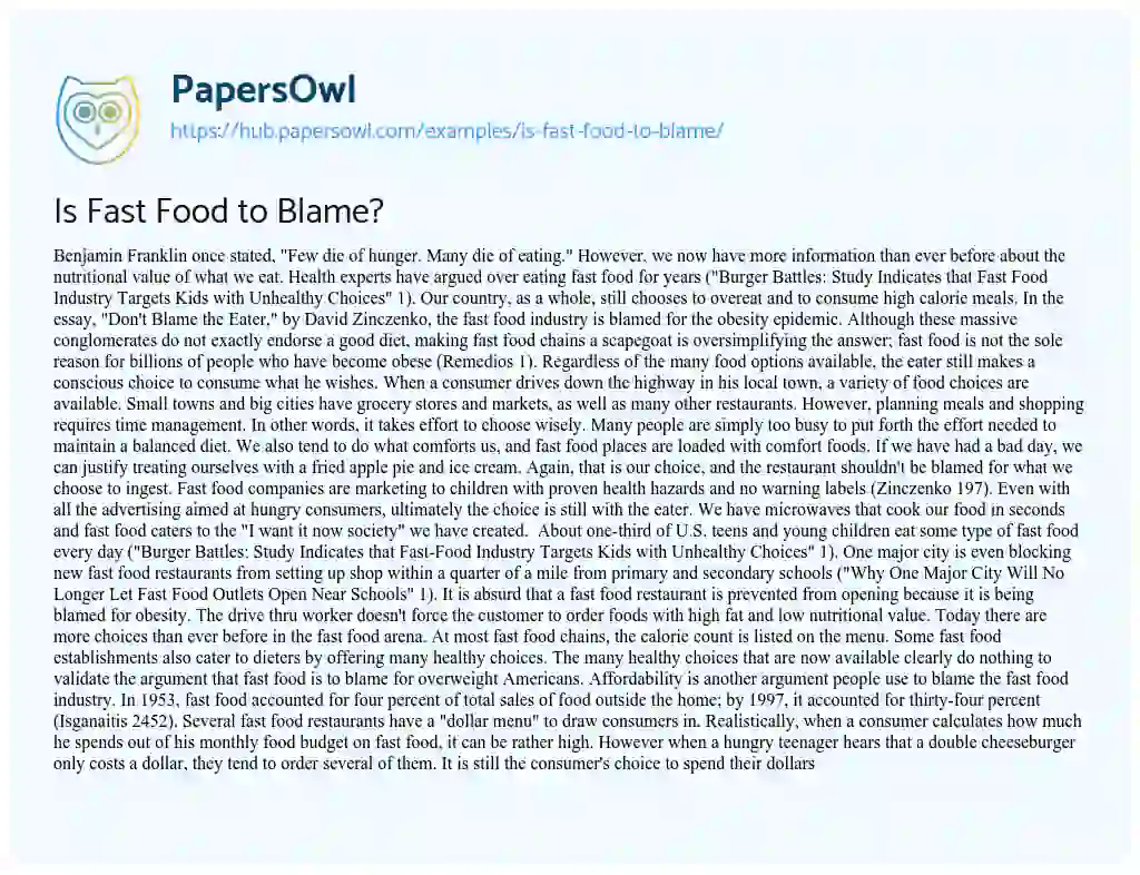 Essay on Is Fast Food to Blame?