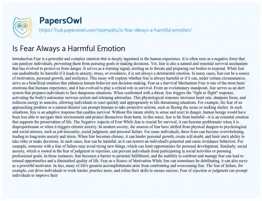 Essay on Is Fear Always a Harmful Emotion