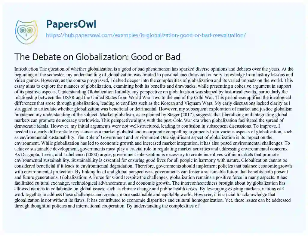 Essay on The Debate on Globalization: Good or Bad