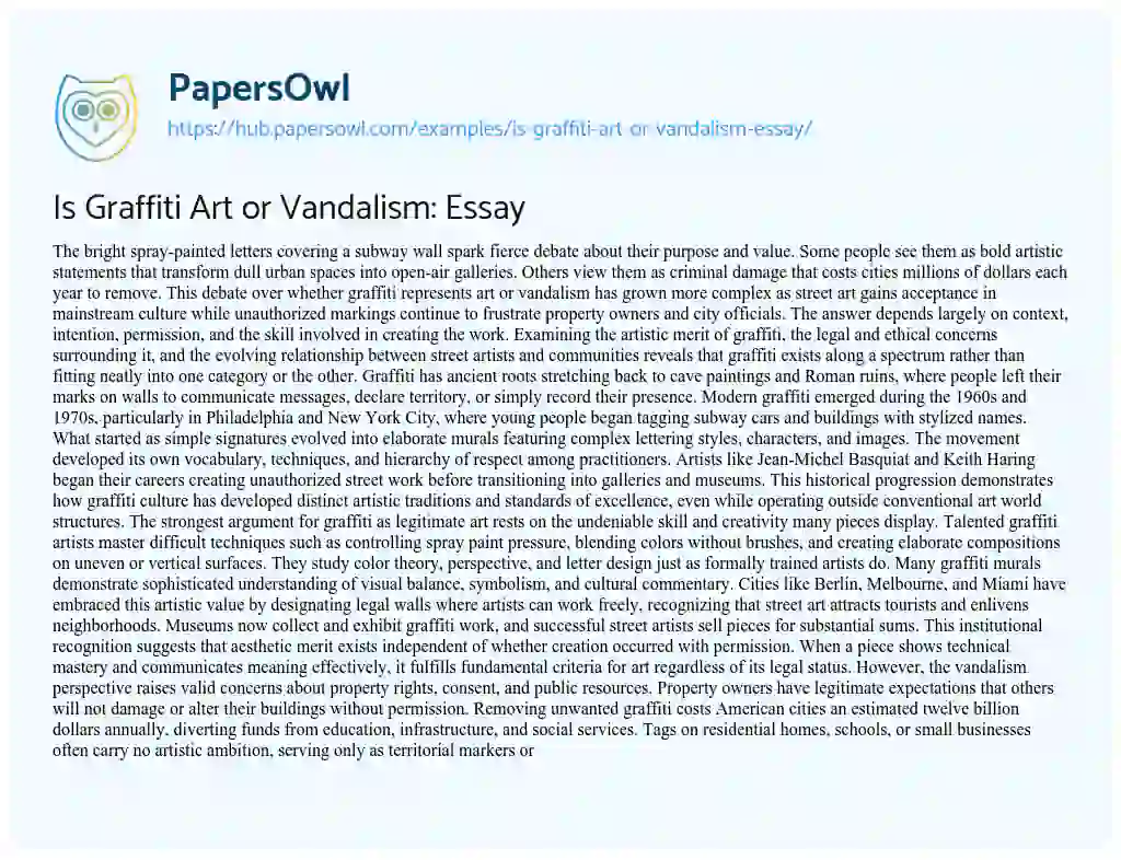 Essay on Is Graffiti Art or Vandalism: Essay