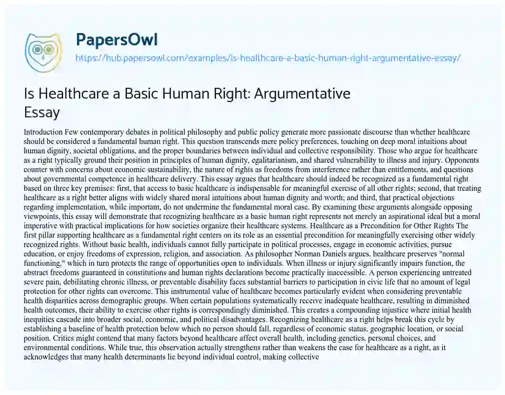 Essay on Is Healthcare a Basic Human Right: Argumentative Essay