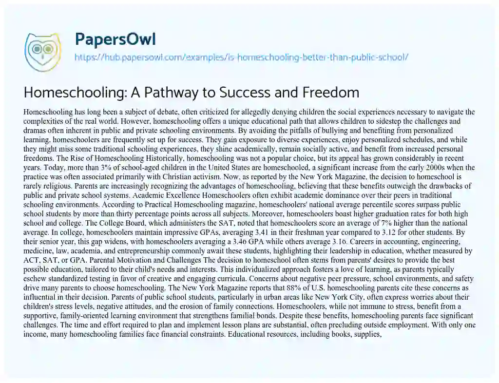 Essay on Homeschooling: A Pathway to Success and Freedom