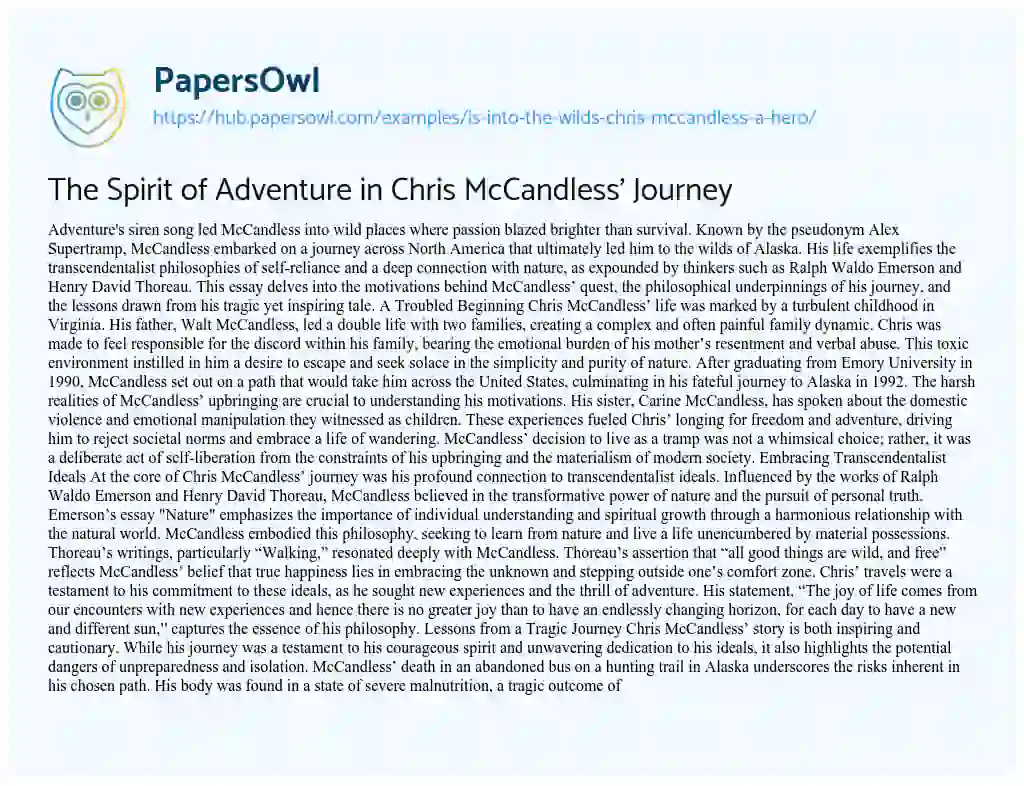 Essay on The Spirit of Adventure in Chris McCandless’ Journey