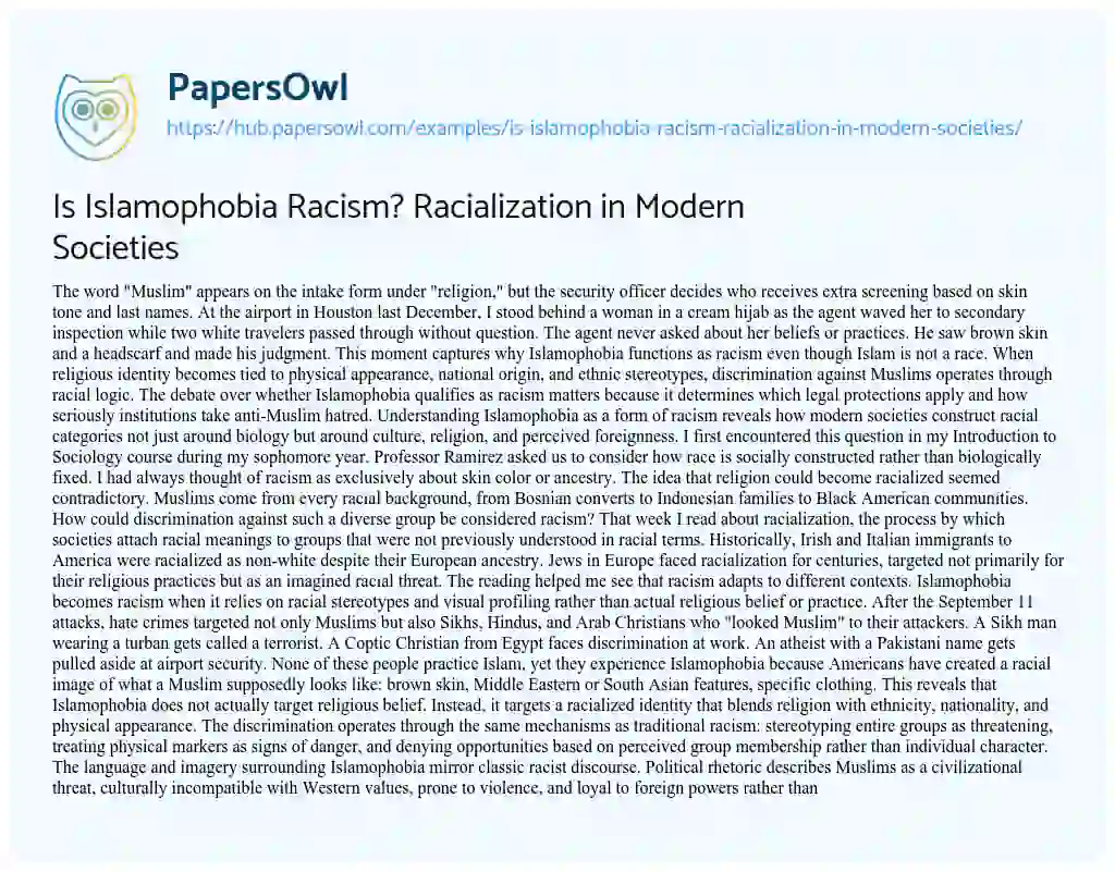 Essay on Is Islamophobia Racism? Racialization in Modern Societies