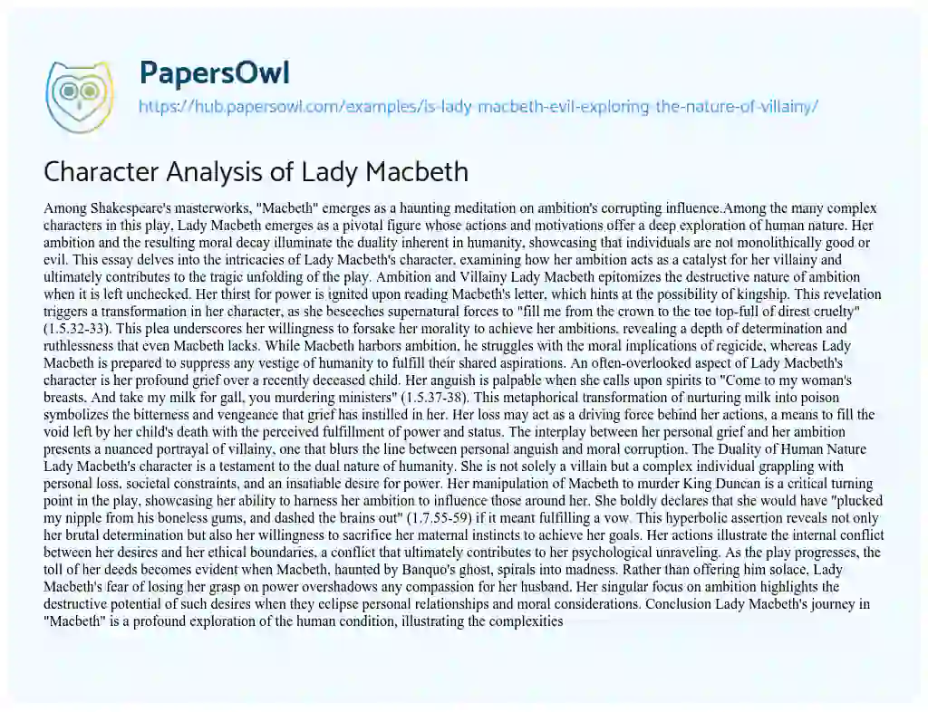 Essay on Character Analysis of Lady Macbeth