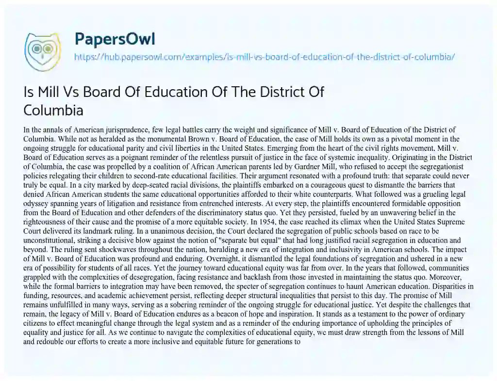 Essay on Is Mill Vs Board Of Education Of The District Of Columbia