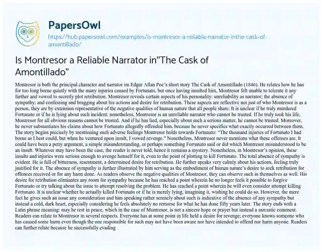 Essay on Is Montresor a Reliable Narrator in”The Cask of Amontillado”