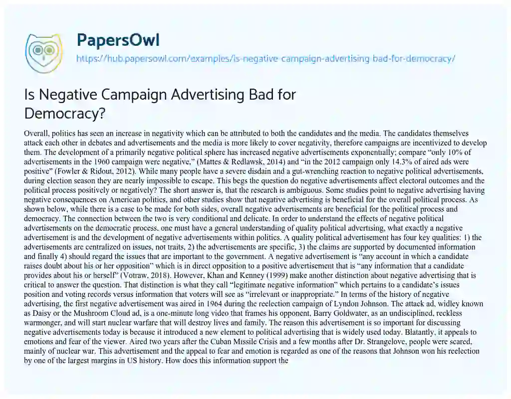 Essay on Is Negative Campaign Advertising Bad for Democracy?