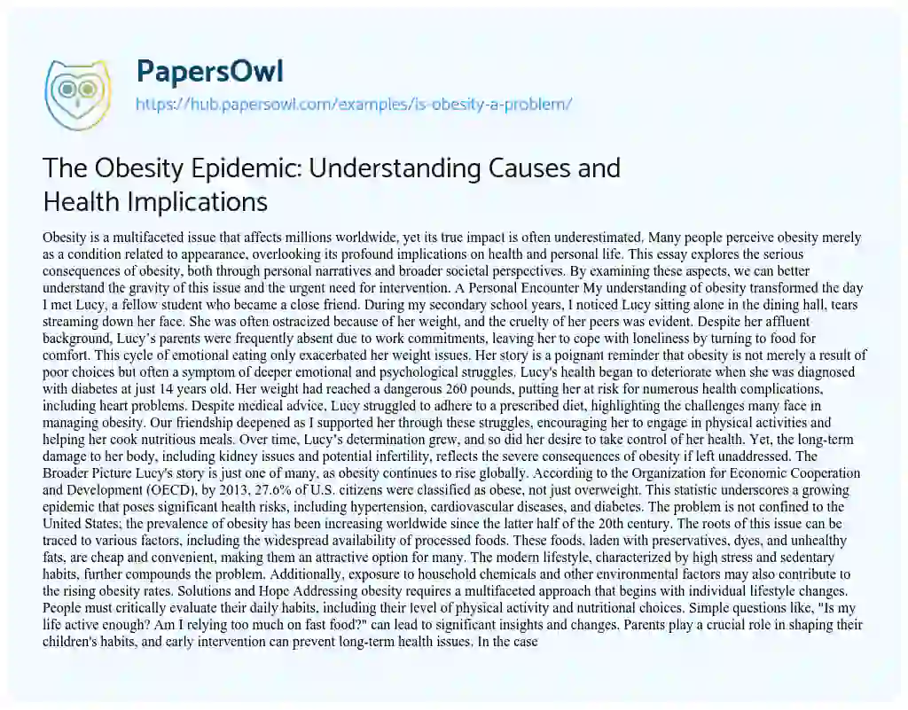 Essay on The Obesity Epidemic: Understanding Causes and Health Implications