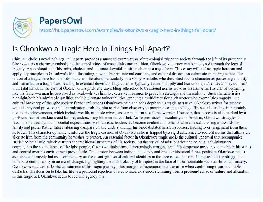 Essay on Is Okonkwo a Tragic Hero in Things Fall Apart?