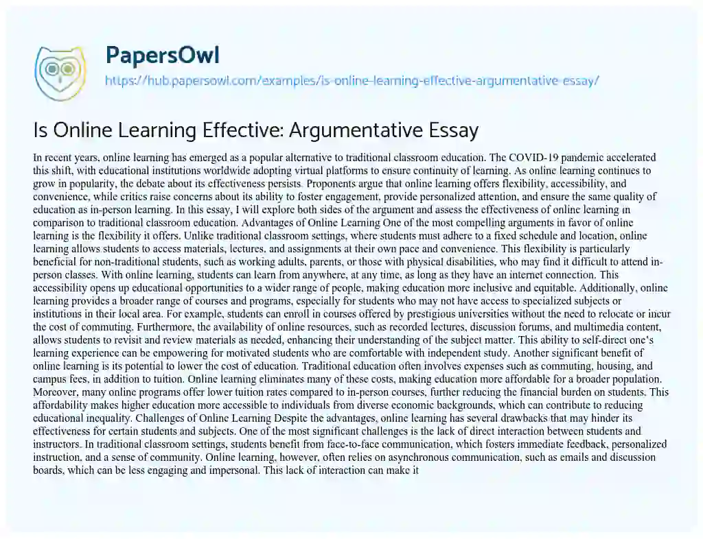 Essay on Is Online Learning Effective: Argumentative Essay