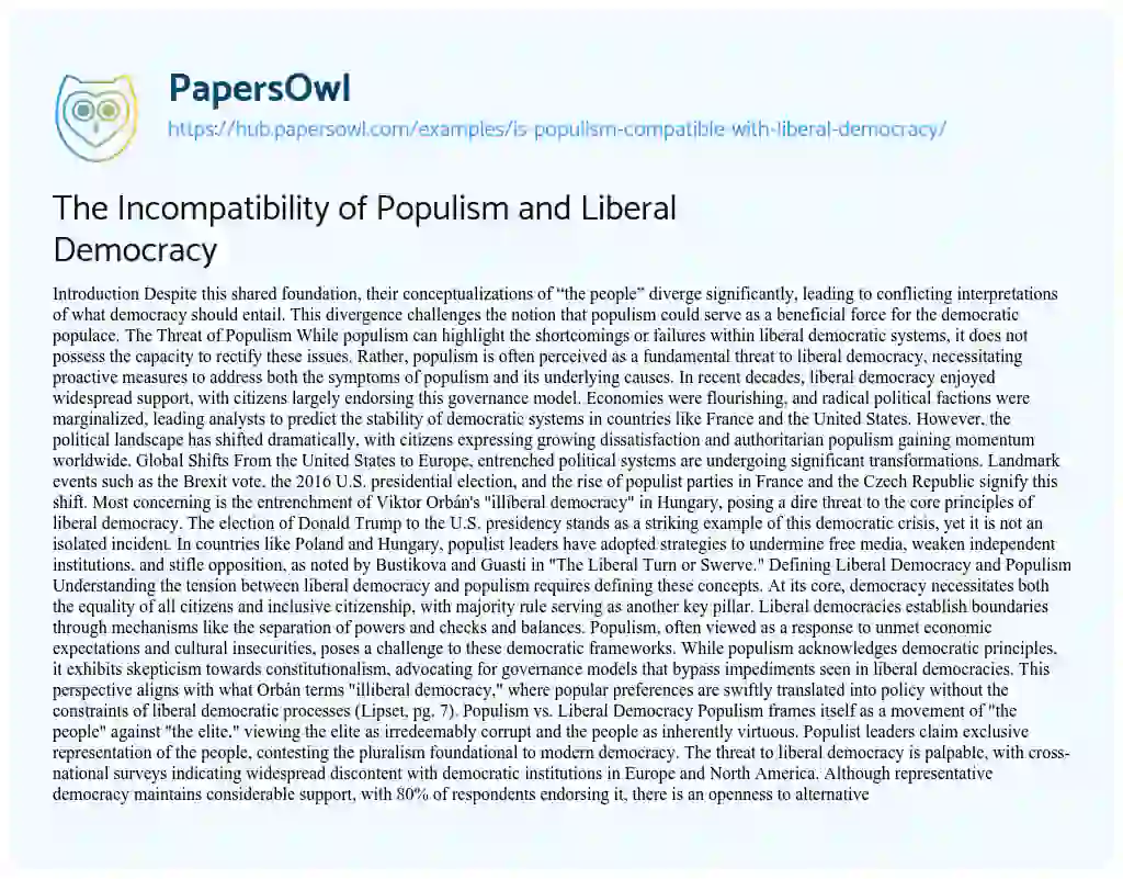Essay on The Incompatibility of Populism and Liberal Democracy