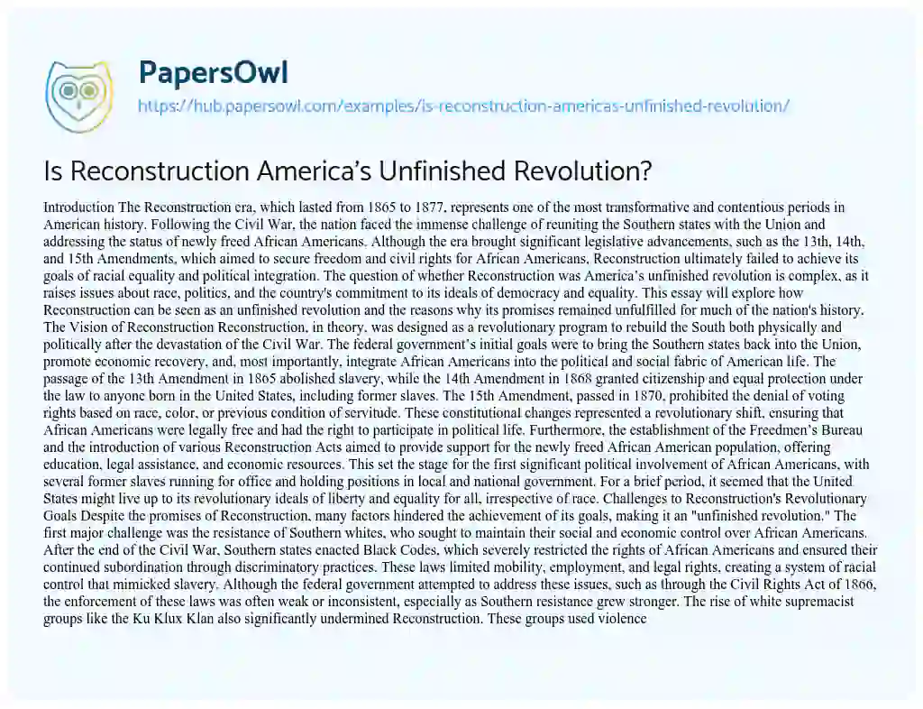 Essay on Is Reconstruction America’s Unfinished Revolution?