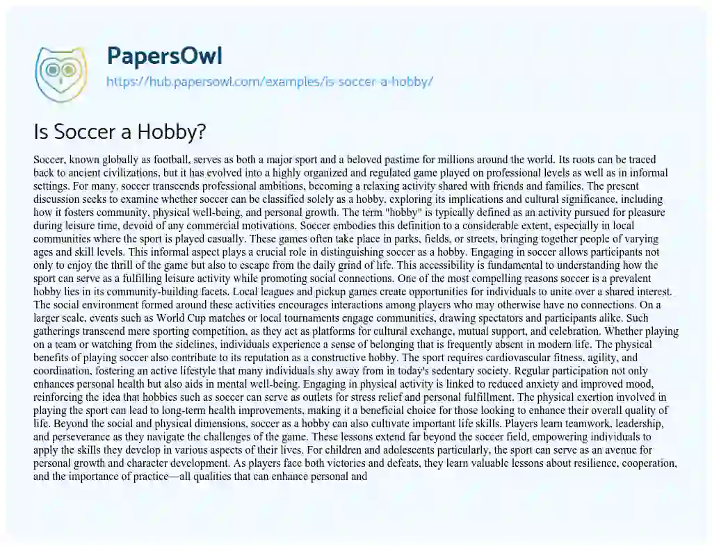 Essay on Is Soccer a Hobby?