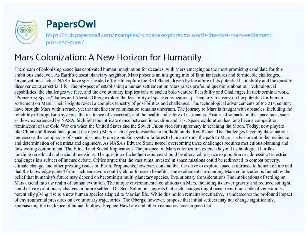 Essay on Mars Colonization: A New Horizon for Humanity