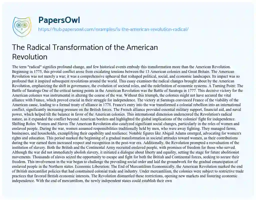 Essay on The Radical Transformation of the American Revolution