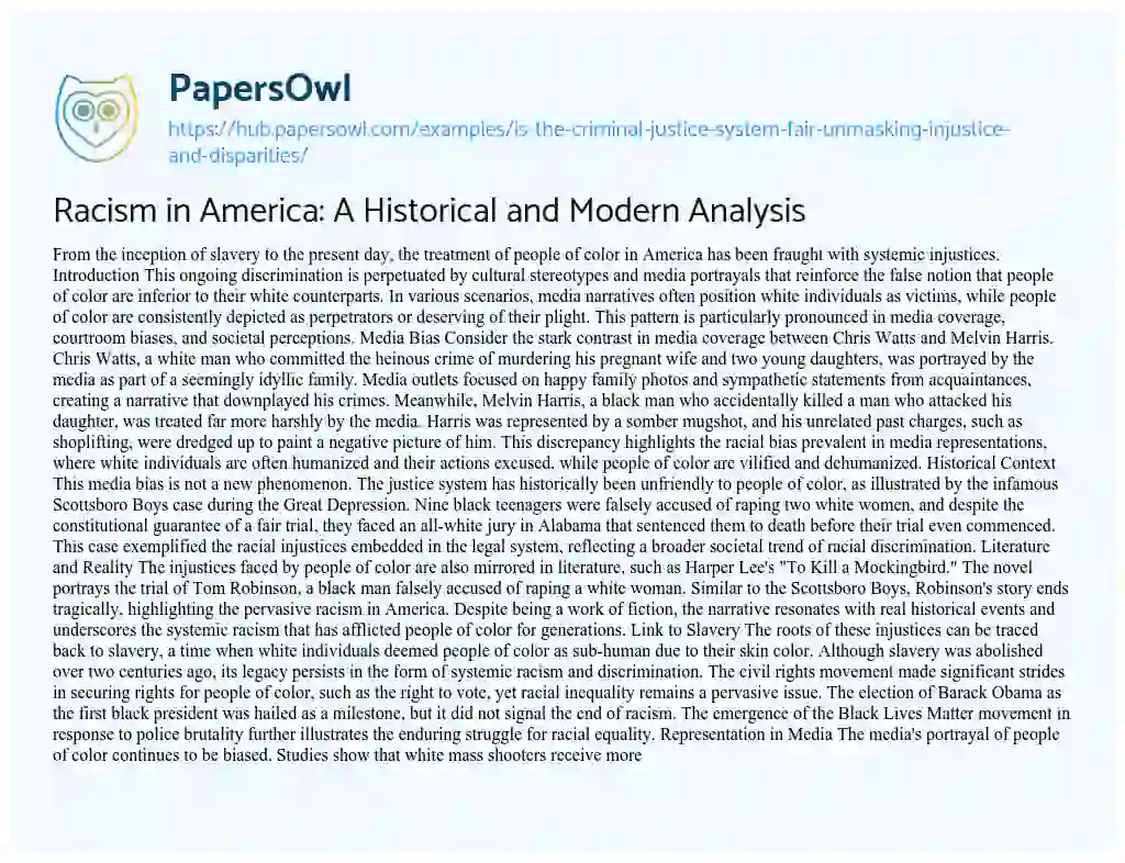 Essay on Racism in America: A Historical and Modern Analysis