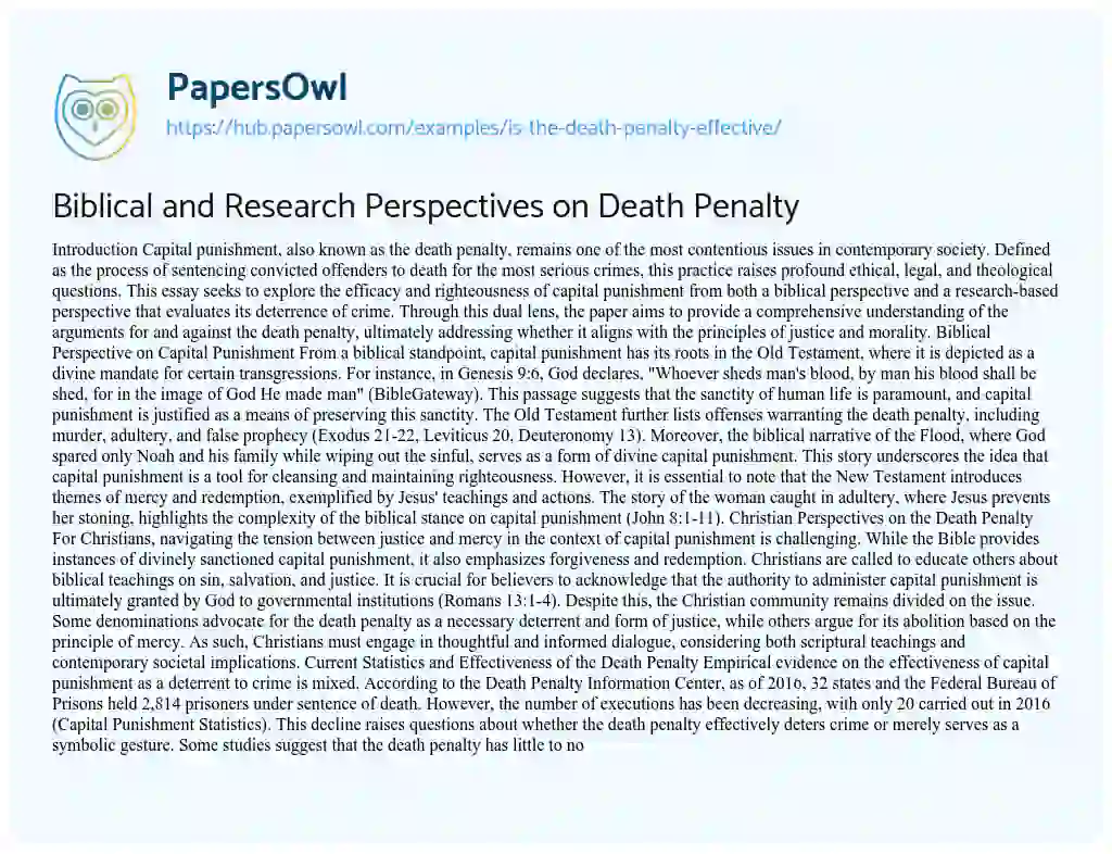Essay on Biblical and Research Perspectives on Death Penalty