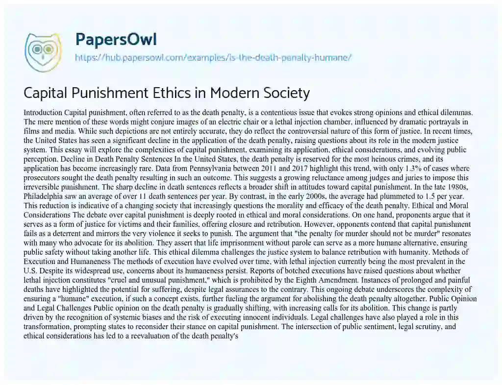 Essay on Capital Punishment Ethics in Modern Society