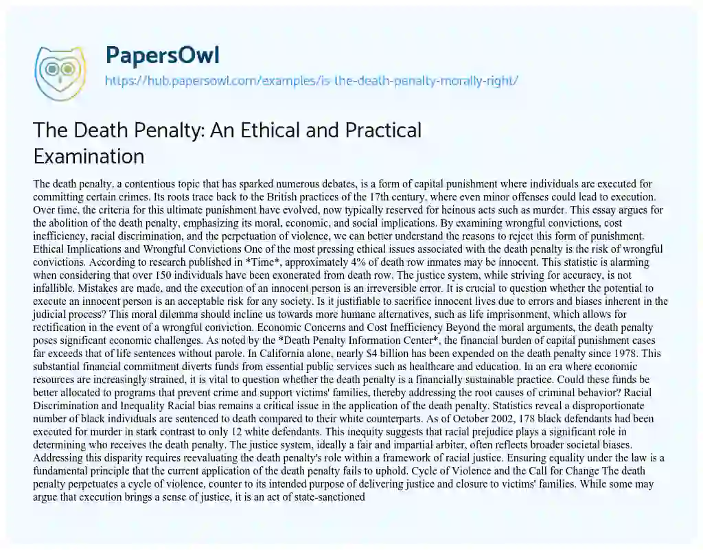 Essay on The Death Penalty: An Ethical and Practical Examination