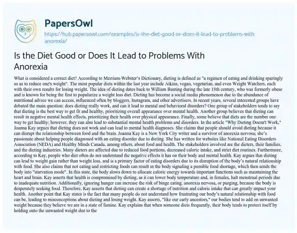 Essay on Is the Diet Good or Does It Lead to Problems With Anorexia