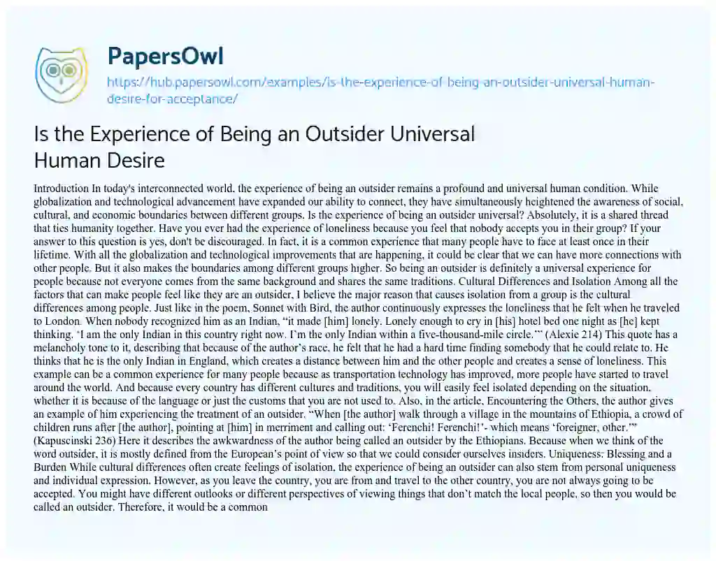 Essay on Is the Experience of Being an Outsider Universal Human Desire
