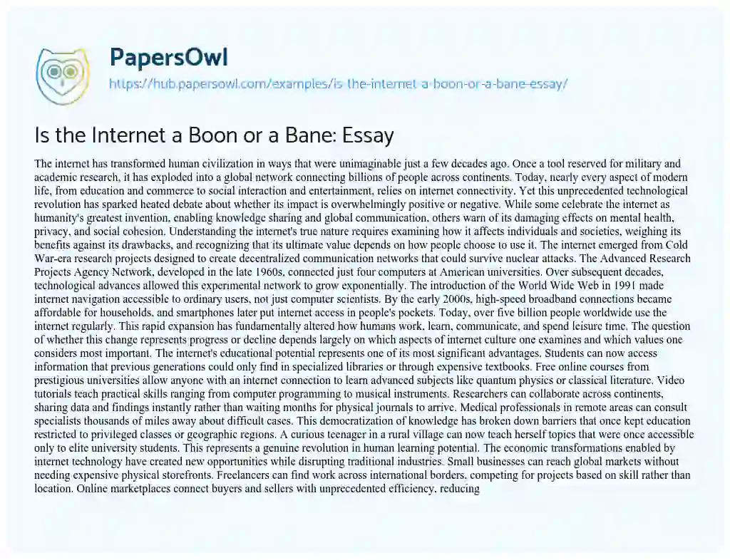Essay on Is the Internet a Boon or a Bane: Essay