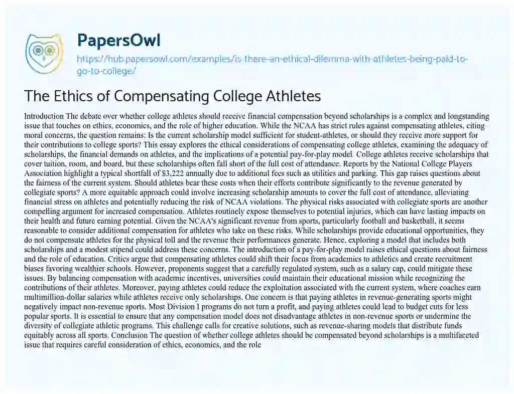 Essay on The Ethics of Compensating College Athletes