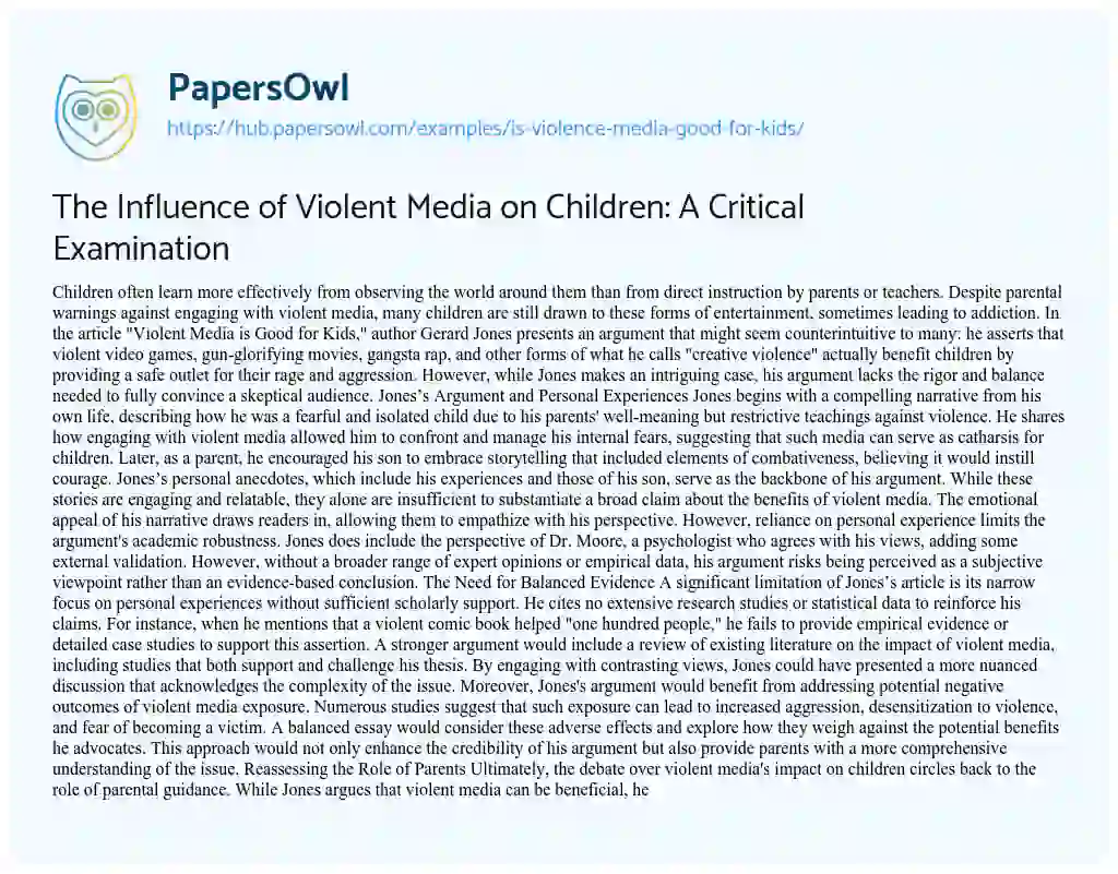 Essay on The Influence of Violent Media on Children: A Critical Examination