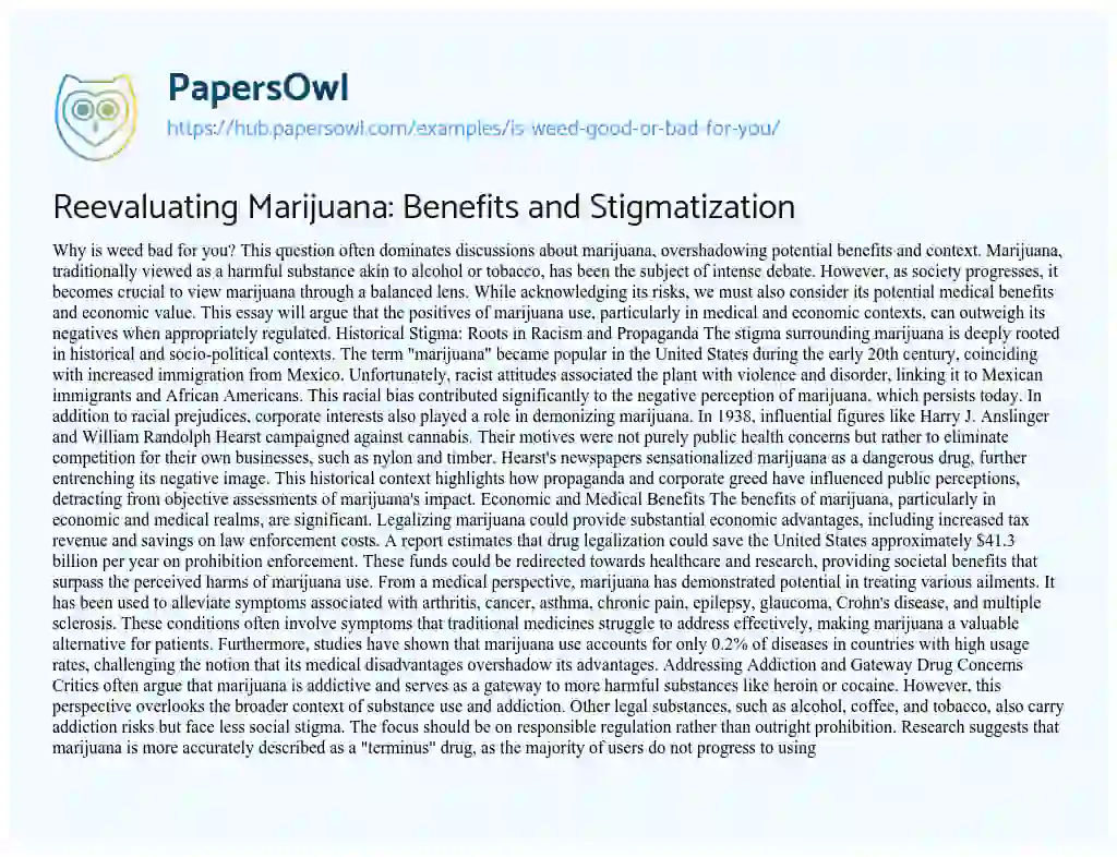 Essay on Reevaluating Marijuana: Benefits and Stigmatization
