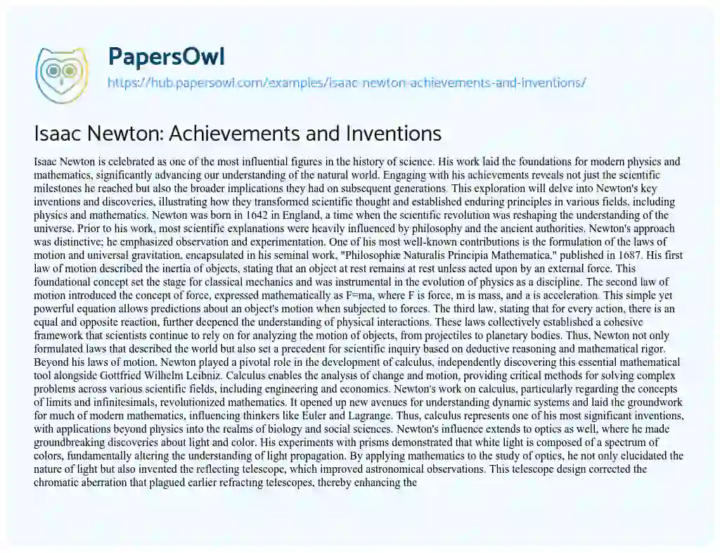 Essay on Isaac Newton: Achievements and Inventions