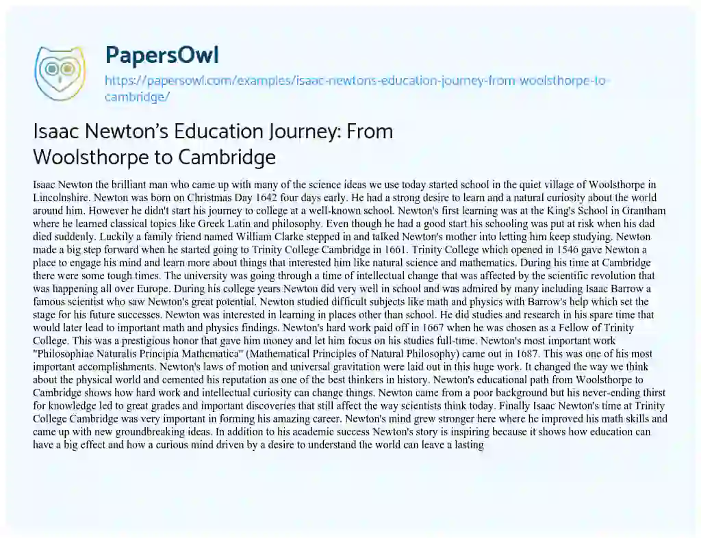 Essay on Isaac Newton’s Education Journey: From Woolsthorpe to Cambridge