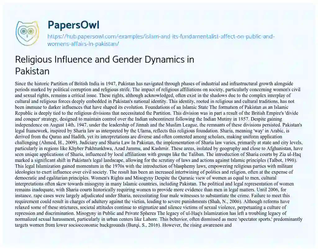 Essay on Religious Influence and Gender Dynamics in Pakistan