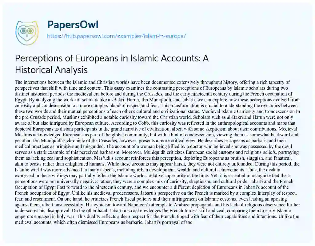 Essay on Perceptions of Europeans in Islamic Accounts: A Historical Analysis