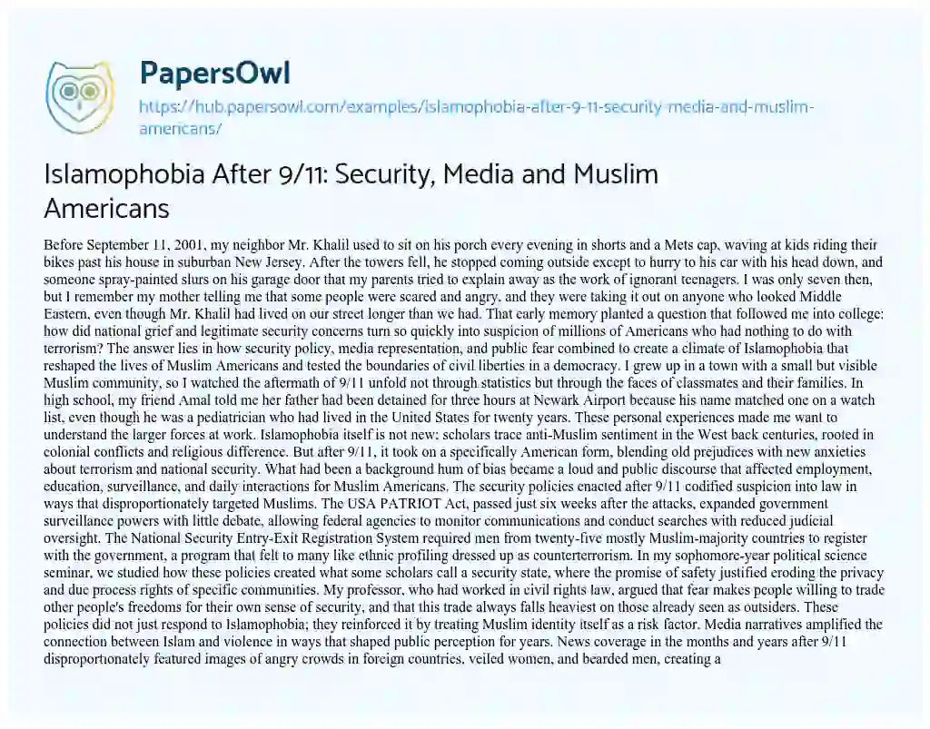 Essay on Islamophobia After 9/11: Security, Media and Muslim Americans