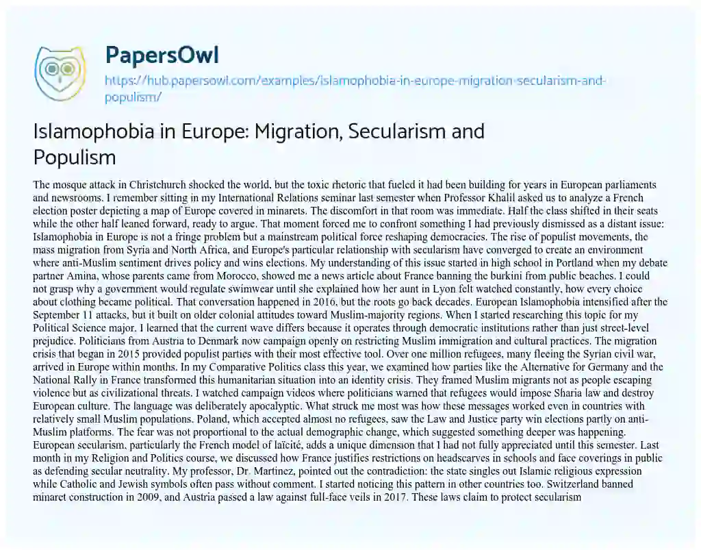 Essay on Islamophobia in Europe: Migration, Secularism and Populism
