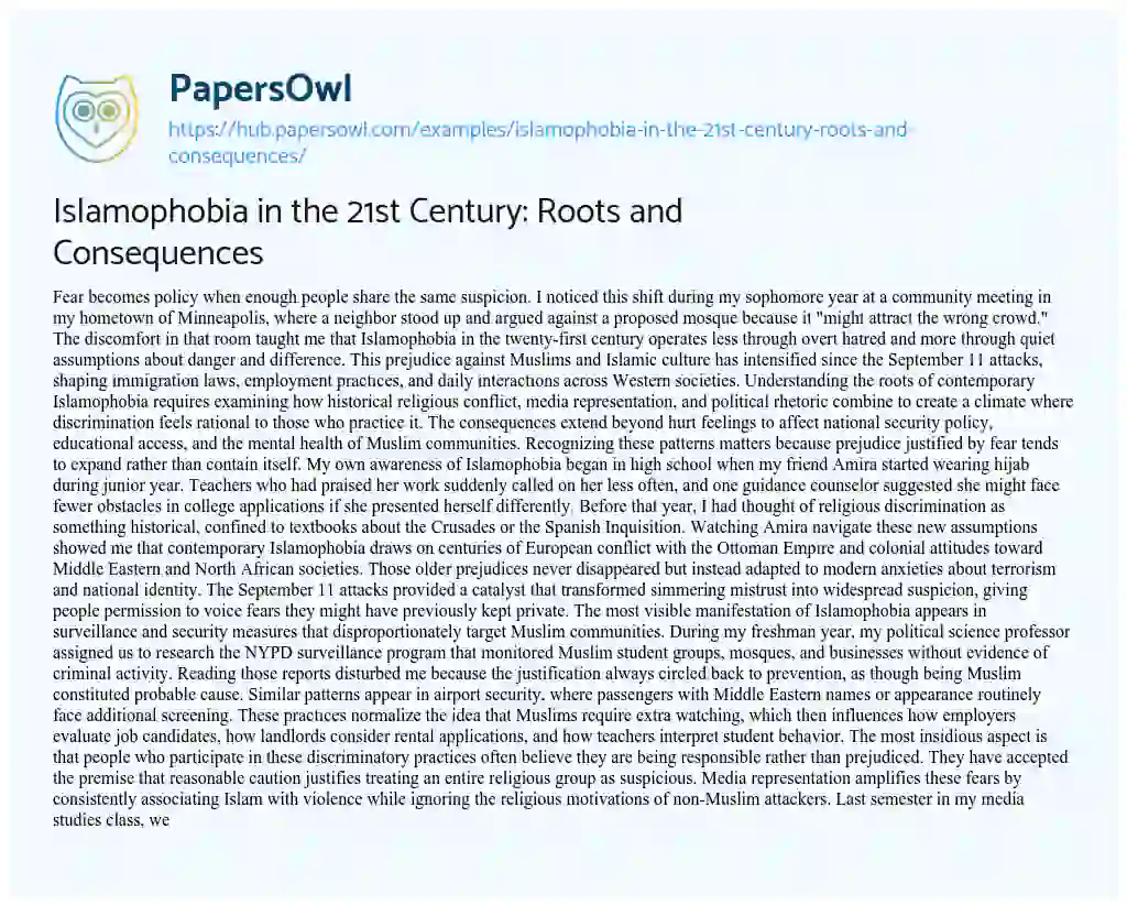 Essay on Islamophobia in the 21st Century: Roots and Consequences