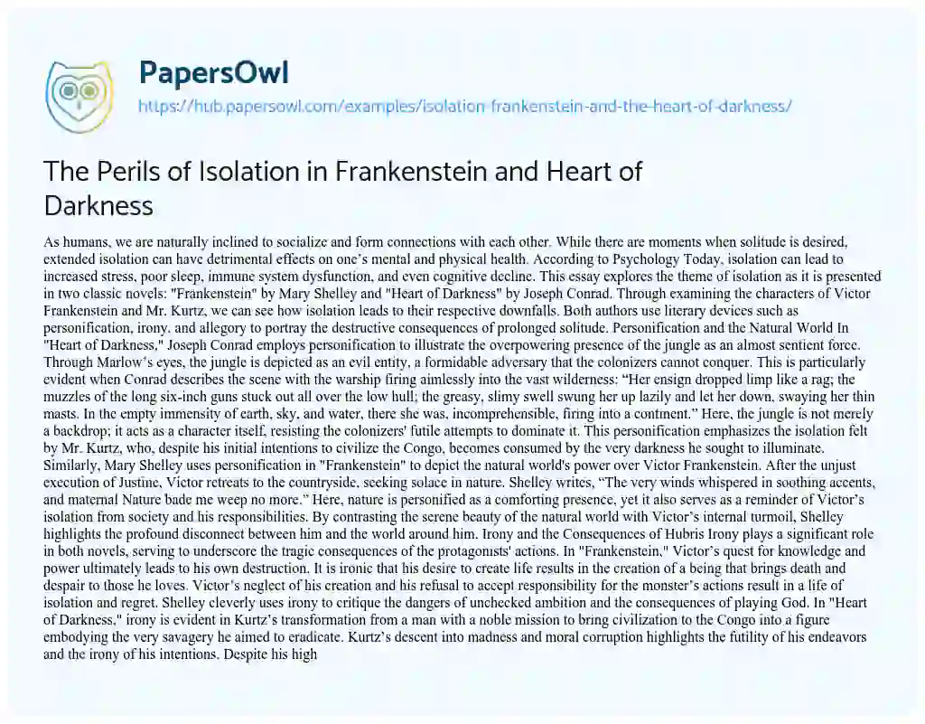 Essay on The Perils of Isolation in Frankenstein and Heart of Darkness