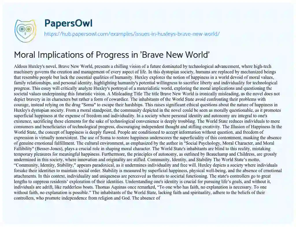 Essay on Moral Implications of Progress in ‘Brave New World’