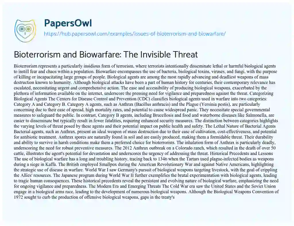 Essay on Bioterrorism and Biowarfare: The Invisible Threat