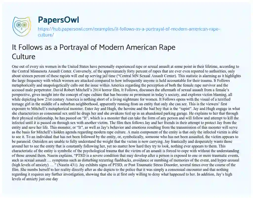 Essay on It Follows as a Portrayal of Modern American Rape Culture