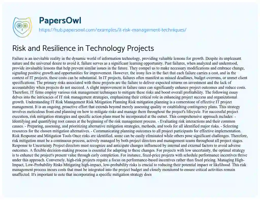Essay on Risk and Resilience in Technology Projects