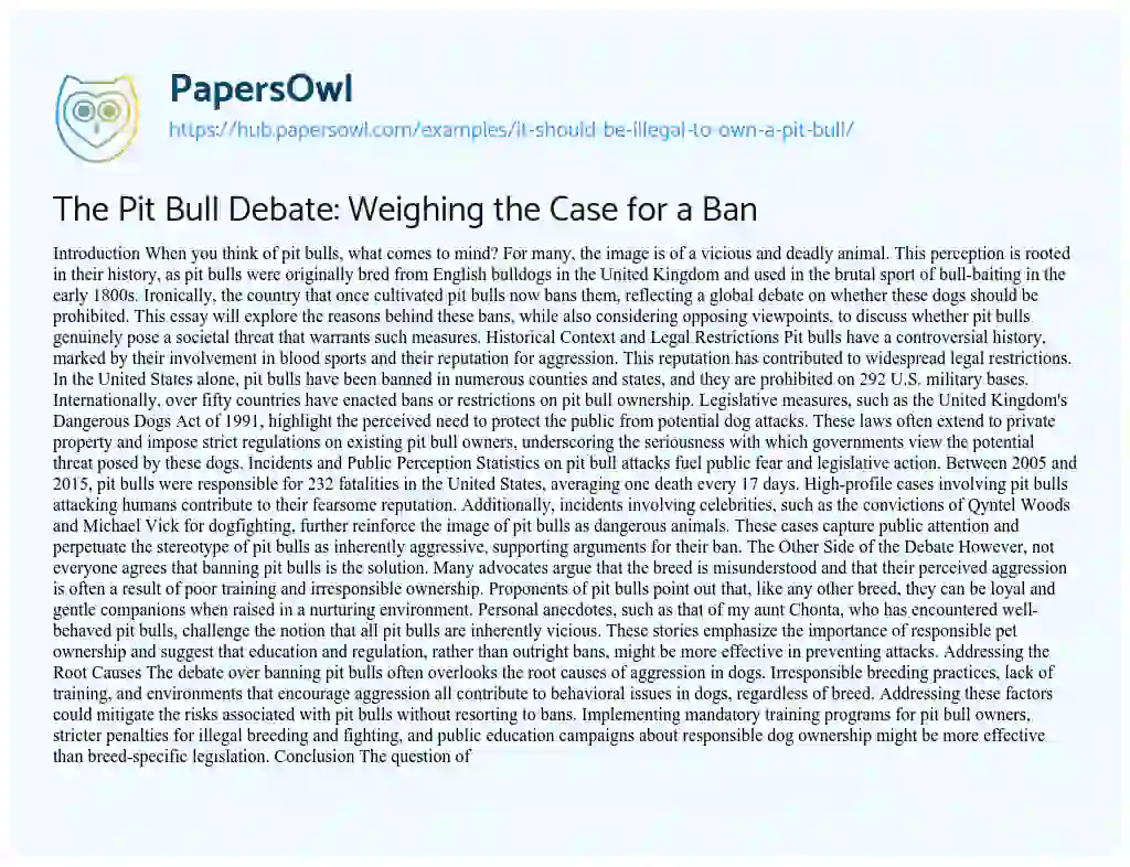 Essay on The Pit Bull Debate: Weighing the Case for a Ban