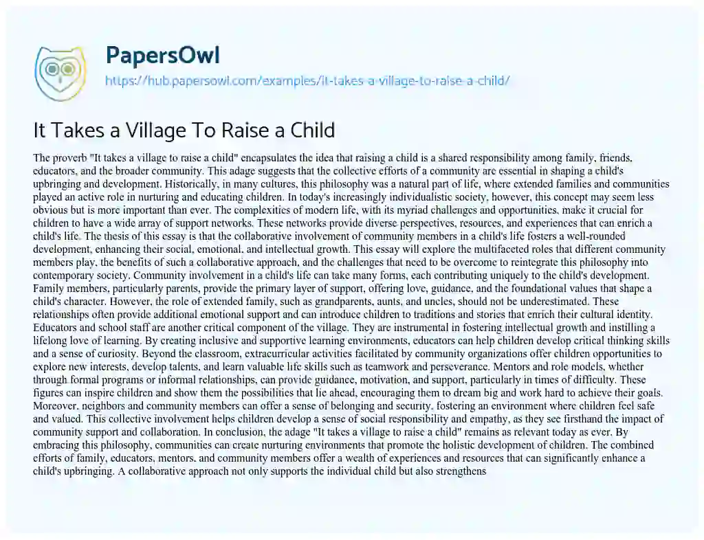 Essay on It Takes a Village To Raise a Child
