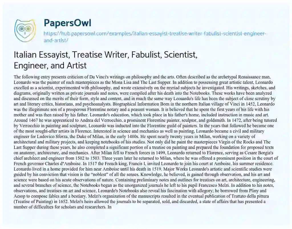 Essay on Italian Essayist, Treatise Writer, Fabulist, Scientist, Engineer, and Artist
